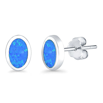 Oval Stud Earrings Lab Created Blue Opal 925 Sterling Silver (7mm)